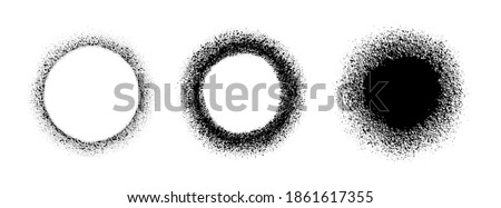 Set circle frame with spray effect. Collection circular border of grunge dots. Ring boarder. Round brush. Spot paint. Drip point radial shape. Urban street design for prints. Faded uneven dot. Vector