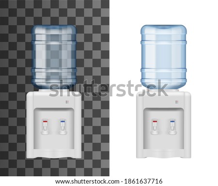 Bottled water dispenser or cooler realistic mockup. Office cooler machine with installed upside down polycarbonate bottle with purified and filtered water, cooling and heating dispensers 3d vector Royalty-Free Stock Photo #1861637716