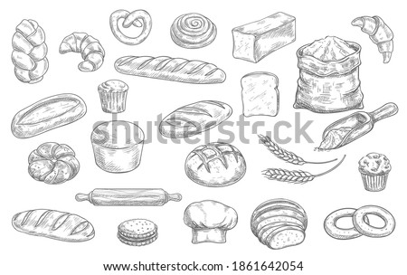 Bakery and pastry shop products sketch vector set. Wheat and rye bread, loaf, challah and baguette, croissant, pretzel and bagel, muffin, cupcake and cookie, rolling pin, toque and flour sack vector Royalty-Free Stock Photo #1861642054