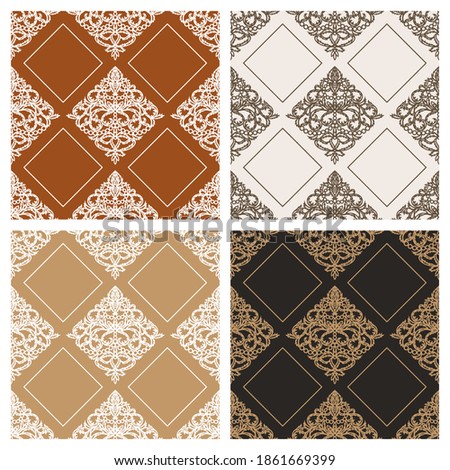 Set of seamless patterns with classic ornament. Elegant royal style. Brown, beige, terracotta, gold colors. Endless repeating texture for wallpaper, textiles, wrapping paper, fabric, web. Vector image