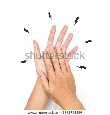 Tingling and numbness in hands of Asian young man with diabetes. Finger sensation problems. Hand nerves problems. Isolated on white.