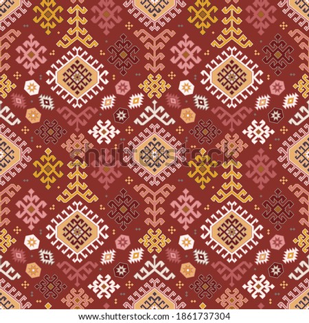 Kilim bohemian seamless pattern in vector format for printed fabrics or any other purposes. The pattern is tileable and easy to use. Royalty-Free Stock Photo #1861737304