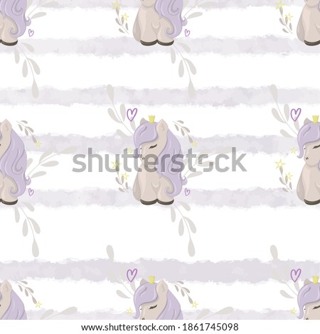Seamless pattern with cute ponies on a watercolor background. Decorative wallpaper for the nursery in the Scandinavian style. Vector. Suitable for children's clothing, interior design, packaging