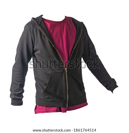 black sweatshirt with iron zipper with hoodie and red t-shirt isolated on white background.sporty style