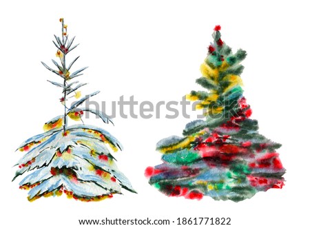set of Christmas trees in the snow decorated with colorful lights. new year, Christmas, holiday. Watercolour. Bitmap illustration isolated on a white background