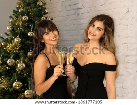 Happy beautiful girlfriends celebrating Virtual christmas and new year in lockdown cheering with champagne to the camera. Webcam view of couple on video call due to social distancing and COVID-19