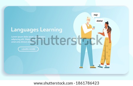 Vector banner of Language Learning concept. Man says Hej, woman says Aloha. People greeting in different languages. Foreign phrases from native speakers. Character illustration of education school
