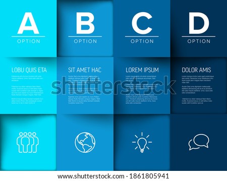 Multipurpose mosaic four letter options infographic made from blue color content squares with icons letters and texts Royalty-Free Stock Photo #1861805941