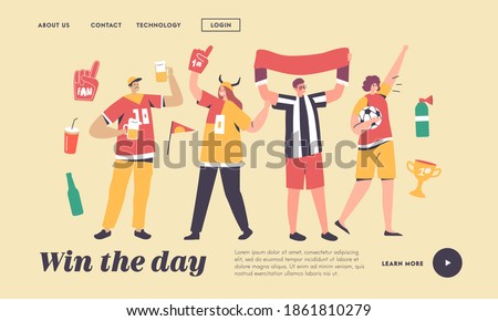 Friends Having Fun on Sport World Championship Landing Page Template. Young Football Supporter Fans Characters Cheering with Flag Watching Soccer Match at Stadium. Linear People Vector Illustration Royalty-Free Stock Photo #1861810279