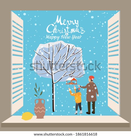 Merry Christmas Window view on winter Father and son feed birds snow trees. Lettering Vector poster banner illustration
