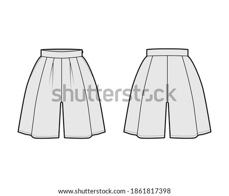 Shorts skirt culotte technical fashion illustration with mini length, oversize silhouette, thick waistband, side zipper. Flat bottom template front back grey color style. Women, men, unisex CAD mockup