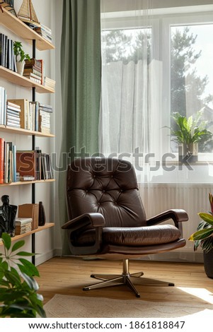 Stylish retro concept of living room interior with brown armchair, bookcase, plant and elegant accessories. Template. 