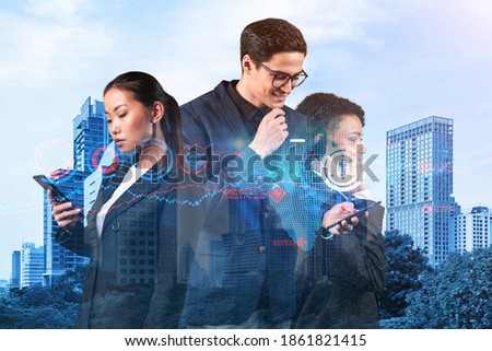 Group of business colleagues as a part of multinational corporate team working on project to protect clients information at cybersecurity compliance division. IT lock icons over Bangkok