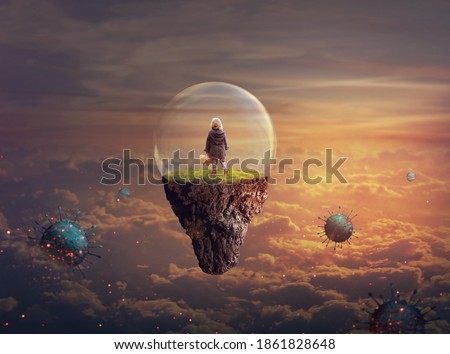 Little girl on a floating island covered with glass bubble; Disease-virus protection concept; Elements of this image furnished by NASA Royalty-Free Stock Photo #1861828648