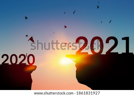 2021 new year concept with birds flying on sunset sky abstract background.