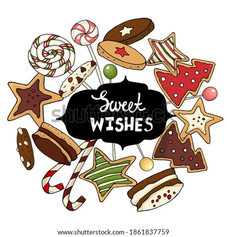 Vector set of lollipops, candies and cookies for Christmas with a sign Sweet wishes. For the design of postcards, invitations, posters, labels, packaging, banners