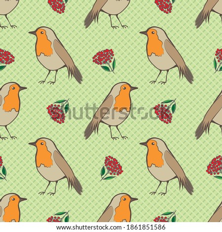 Robin Redbreast, berries and leaf foliage seamless vector pattern background. Garden birds and fruit of cotoneaster plant on green background. Winter festive wildlife and botanical all over print.