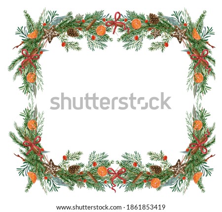 Watercolor Christmas frame with firry branches, pinecone, gingerbread stars, red berries, cinnamon sticks, ribbon, branches on a white background isolated. Christmas  border, winter nature 