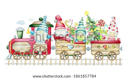 Funny, Scandinavian gnomes, riding on the Christmas train, with gifts and Christmas trees. Watercolor clip art, in cartoon style.