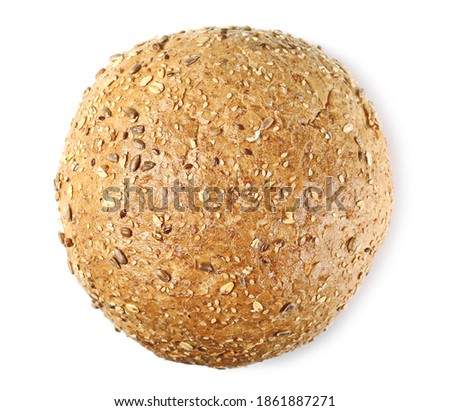 Integral rye bread loaf with sesame seeds isolated on white background, top view Royalty-Free Stock Photo #1861887271