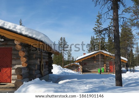 Wooden huts in the midst of nature, pine forests and snow.