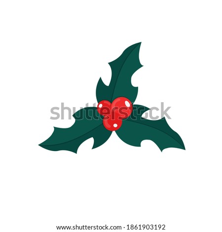 Christmas Holly plant on a white background. Flat icon of a winter plant with red berries. Holiday decor, element