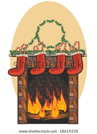 vector, illustration of a chimney with Christmas stockings