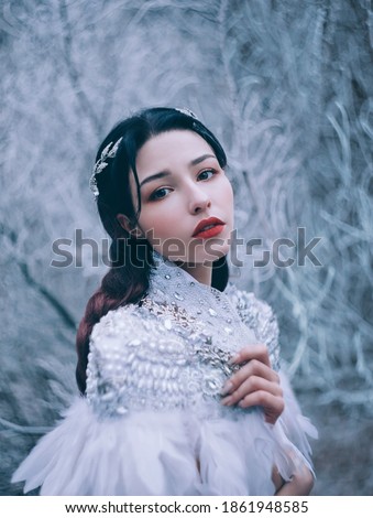Fantasy Girl princess. Portrait of fairy woman Snow Queen, creative white clothes costume, feathers cape. angel face. Frozen lady image. Winter nature blue ice branches. silver elf crown diadem, tiara