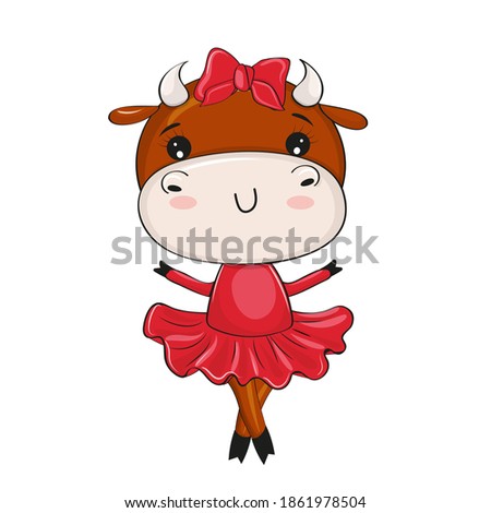 cute cow with bow in red dress