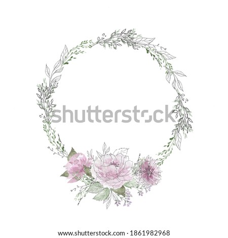 Watercolor floral violet wreath. Pink violet green flowers, blossom and branches. Handdrawn linear illustration on white background. Spring round frame isolated. Wedding design