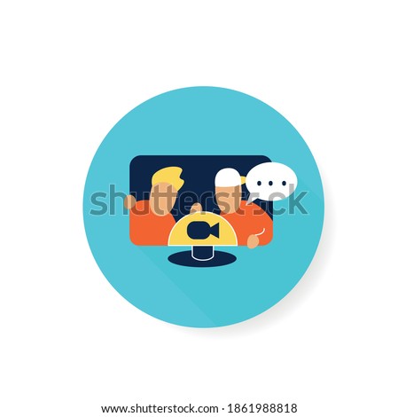 Video chat flat icon. Video call and digital communication with friends concept. Web meeting connection. Remote call sign. Video conference window. Color vector illustration with shadow 