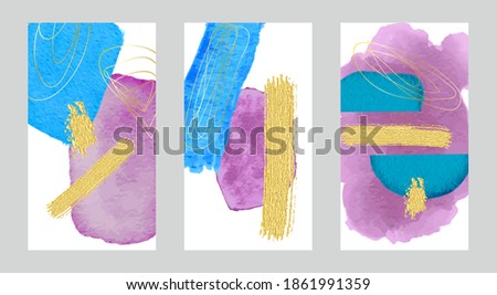 Set of abstract watercolor minimalistic art background with gold potal and lines. Sky blue and purple. For creative wall decoration, social media, postcard or brochure cover design. Vector EPS10.