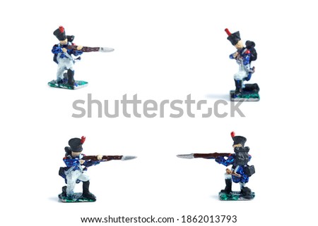 4 in 1 photo of handmade metal soldiers with musket on the white background