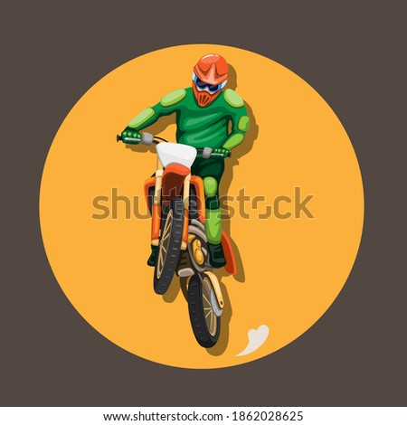 Motocross bike rider jumping pose mascot character symbol concept in cartoon illustration vector 