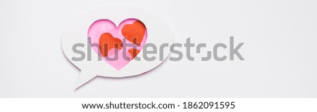 top view of speech bubble with hearts on white background, banner