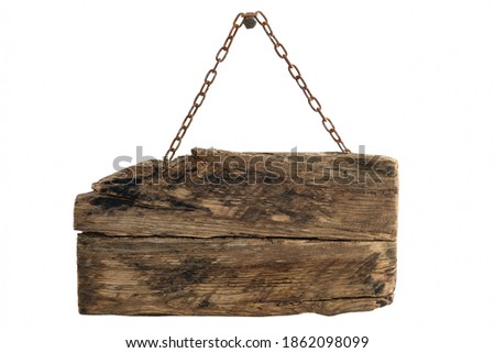 Old empty wooden sign hanging on a rusty chain isolated on a white background (high details)