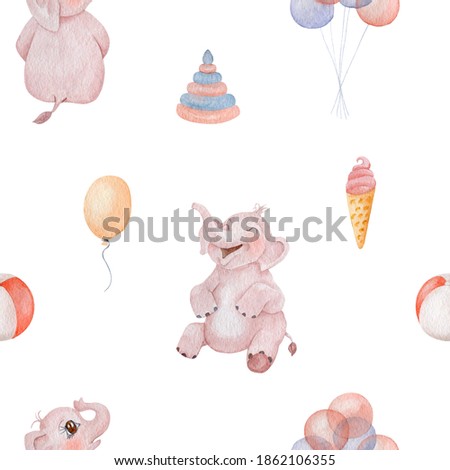 Baby elephant and toys watercolor seamless pattern. Hand painted cute elephant children textile pattern design.