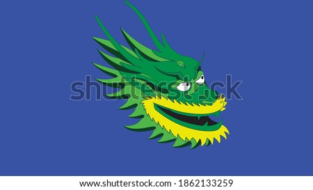 Green shades dragon head with yellow golden beard and horns on blue background.