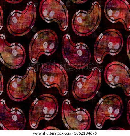 Seamless dark paisley block print background. Boho ethnic soft furnishing fabric style. Tie dye decorative ogee motif pattern textile. Grunge winter blur raster jpg swatch all over print.