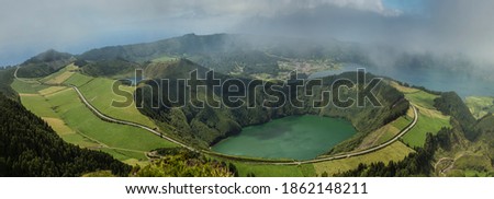 Aerial view of Twin Crater Lakes in rural landscape, Sao Miguel, Portugal