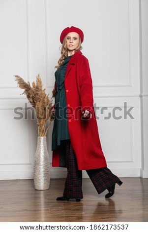 fashion and glamour concept - stylish woman in a beret and coat on a light background. coat, beret, clothes, style, fashion, beauty, young woman