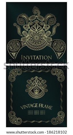 Set of two cards. Elegant floral design. Striped background. Can be used as invitation       