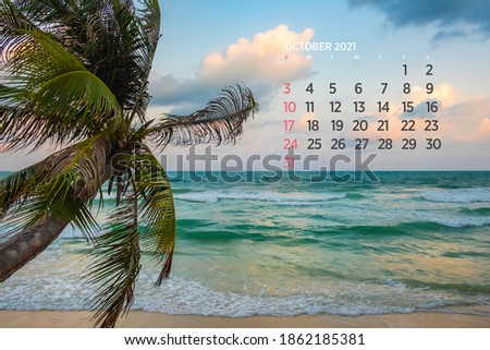 Calendar October 2021. Sea, ocean, beach, tropical, nature theme. A2. 60 x 40 cm. 15.75 x 23.62 inches