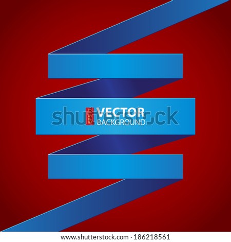 Blue paper folded ribbon on dark red background. RGB EPS 10 vector illustration