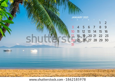 Calendar January 2021. Sea, ocean, beach, tropical, nature theme. A2. 60 x 40 cm. 15.75 x 23.62 inches