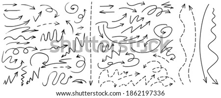 Vector set of drawn arrows. Sketch doodle style. Arrows are curved and straight, with a solid line and dashed lines. Collection of pointers. Isolated on white background.