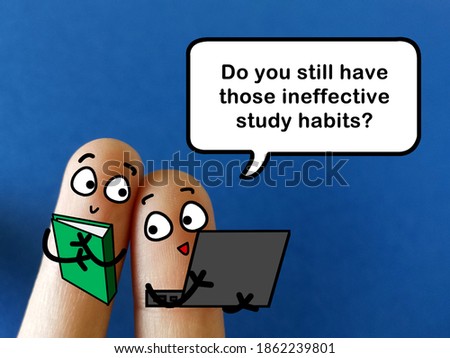 Two fingers are decorated as two person. One of them is asking another one if he still has ineffective study habits. Royalty-Free Stock Photo #1862239801