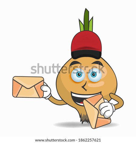 The Garlic mascot character becomes a mail deliverer. vector illustration