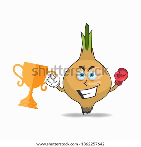 The Garlic mascot character wins a boxing trophy. vector illustration