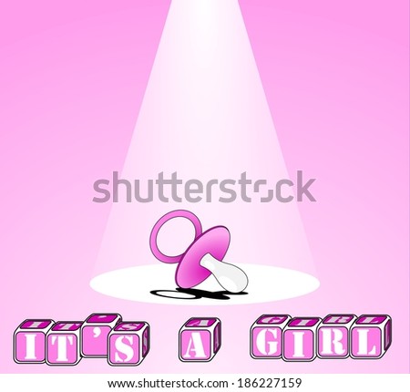 Projector, the light that illuminates the pink plastic pacifier for baby, vector art illustration image, children's cubes to play with letters its a girl. clip art graphic isolated on pink background
